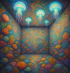 Psychedelic Coral Reef Room with Glowing Jellyfish Ceiling and Swirling Walls