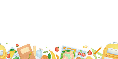 Back to school seamless border watercolor isolated illustration. First grade backpack, stationery and lunch box with healthy food clip art. Hand drawn sketch for kids in elementary school.