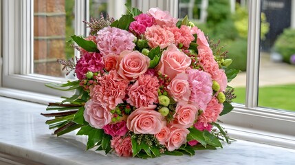 A vibrant bouquet of pink roses and carnations rests on a windowsill.