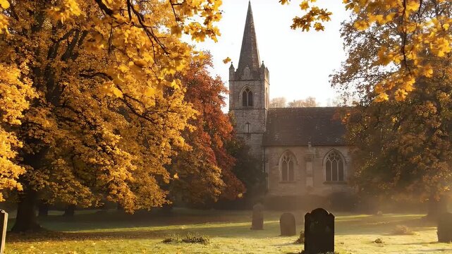 Autumnal Churchyard Scene: Stone Church and Golden Trees in Morning Mist