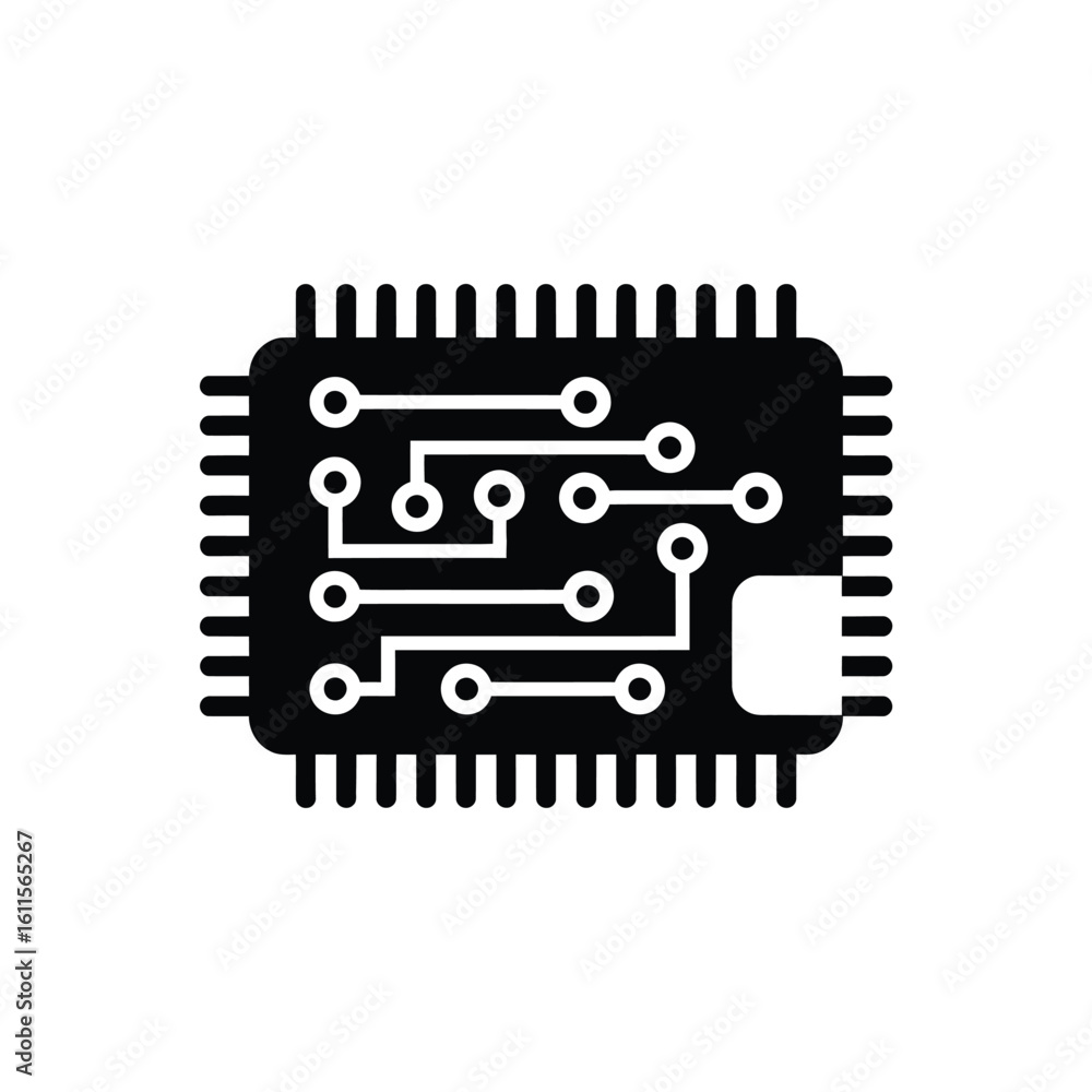 Poster black and white graphic of a computer chip with circuit lines