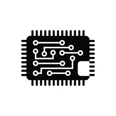 Black and white graphic of a computer chip with circuit lines