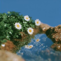 Mountain spring river, flowers along edge, bees visible, clear sky reflections