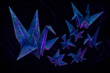 Holographic Origami Cranes Flying in Cyber Void with Glowing Code and Violet Particle Trails