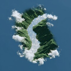 Winding reflective river across open valley, shadows and cloud coverage