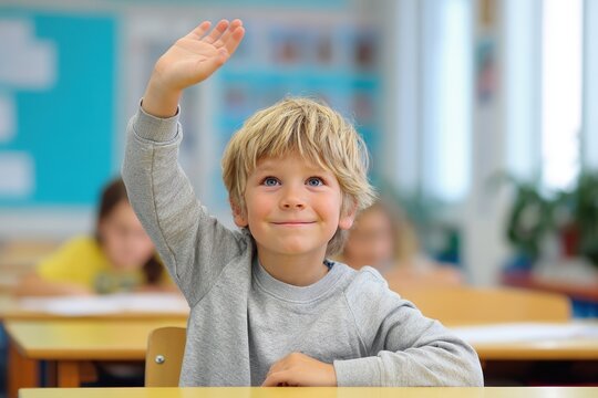 boy raising his hand in class