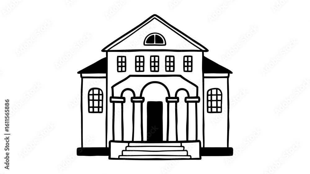 Poster illustration of a courthouse building with columns and a triangular roof and windows in black and wh