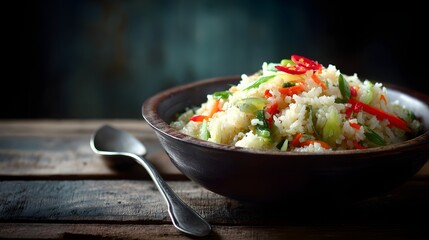 Close-up of a bowl of mixed rice with vegetables.