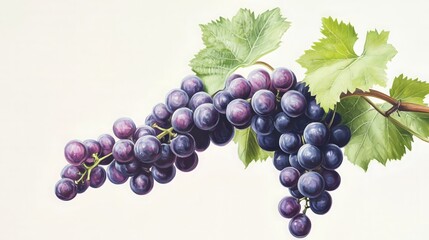 Fototapeta premium Realistic illustration of purple grapes on vine with leaves 