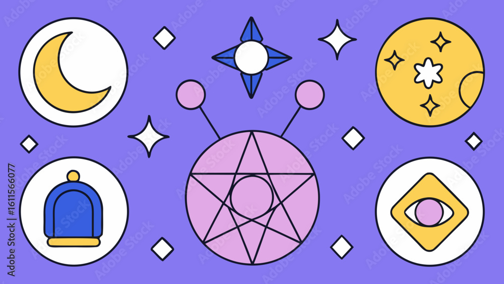 Poster illustration of celestial objects and mystical symbols on a purple background with white diamonds cr