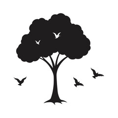 outline vector illustration of a tree with birds