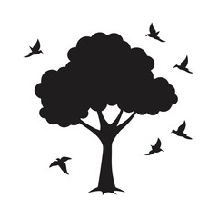 outline vector illustration of a tree with birds