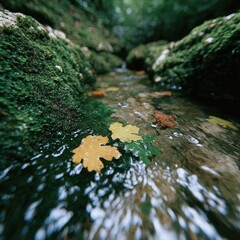Forest river during autumn with fallen leaves, small animals hiding in brush