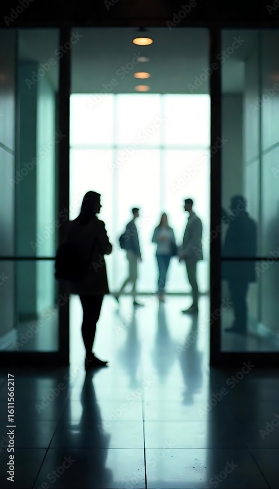 Poster generative ai image depicting shadowy figures in a contemporary architectural setting, capturing