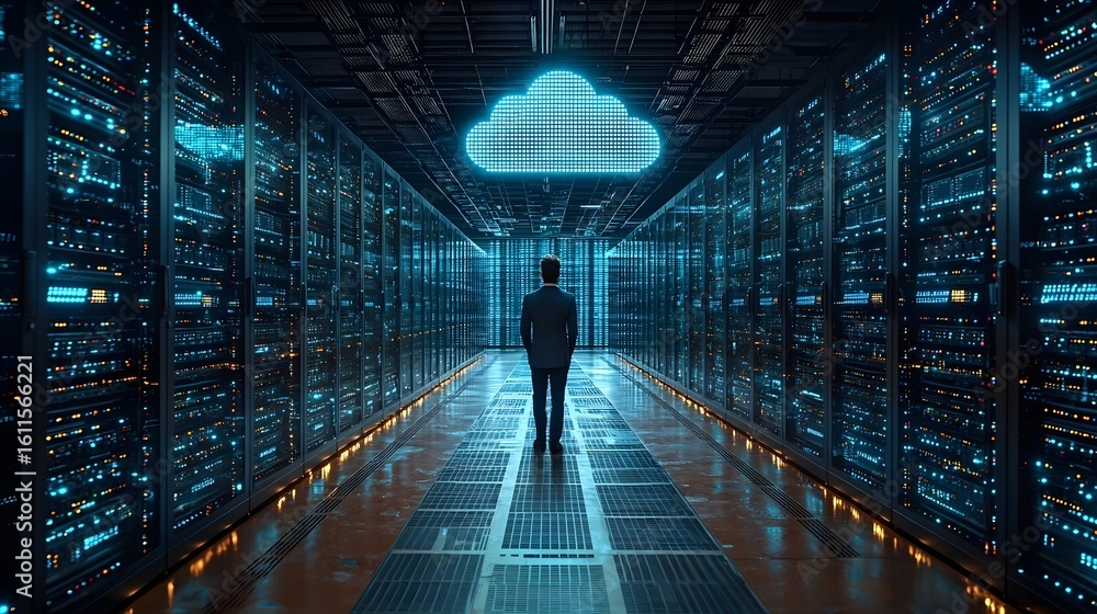 Aufkleber silhouetted figure in a futuristic data center with cloud computing technology