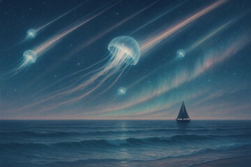 Giant Jellyfish Meteors Streaking Across Night Sky Over Ocean With Sailboat and Pastel Aurora