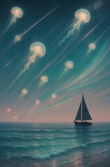 Sailboat on Ocean at Night with Bioluminescent Jellyfish Meteors Falling Through Pastel Aurora Sky