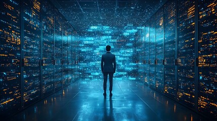 Businessman in a futuristic server room with digital cloud overlays