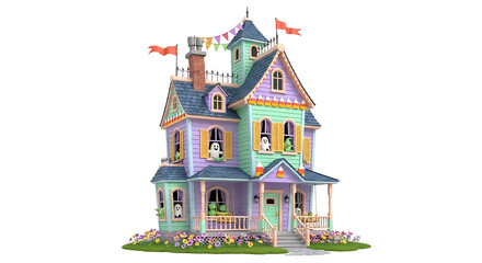 Naklejka premium Colorful Haunted House with Ghosts and Decorative Flags in Fantasy Style