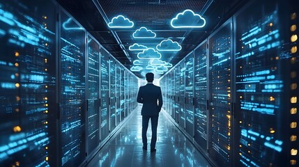 Businessman navigating a futuristic data center with cloud computing technology