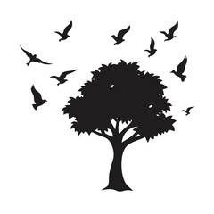 outline vector illustration of a tree with birds