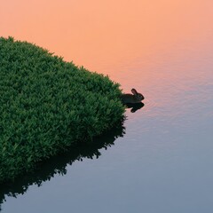 Winding river at golden sunset, soft reflection, rabbits hiding in grass