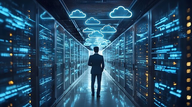 Businessman navigating a futuristic data center with cloud computing technology