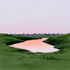 Winding river at golden sunset, soft reflection, rabbits hiding in grass