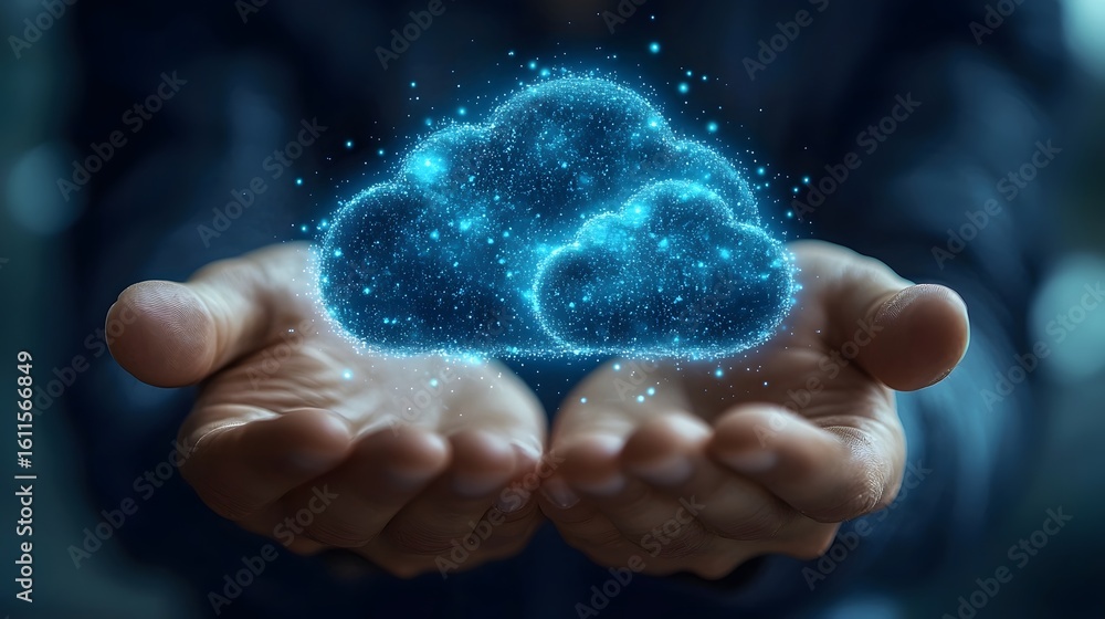 Poster hands presenting a glowing cloud symbol representing cloud cost optimization and strategic insights