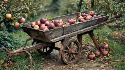 An old wooden wheelbarrow, overflowing with ripe apples, rests against the backdrop of a vibrant orchard. The scene captures the essence of the apple harvest, with fallen apples scattered nearby.