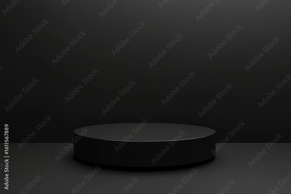 Poster minimalistic glossy round black cylinder platform on dark background for product display
