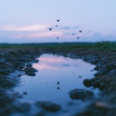 Dramatic sky over calm river, butterflies fluttering, tiny footprints near mud