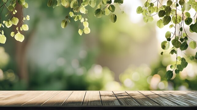 Wooden surface with out-of-focus leaves and foliage.