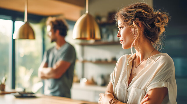 A couple stands apart in a cozy kitchen, arms crossed and avoiding eye contact, revealing emotional tension.