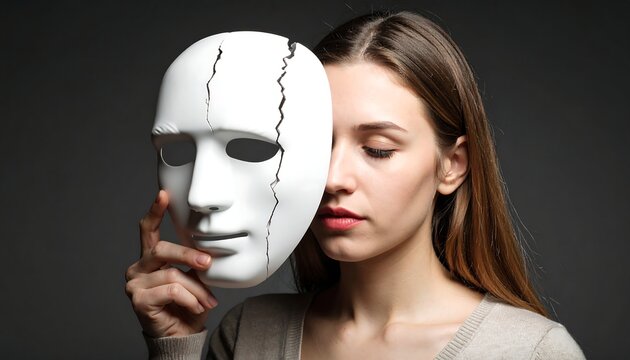 Woman holding a cracked mask - Powered by Adobe