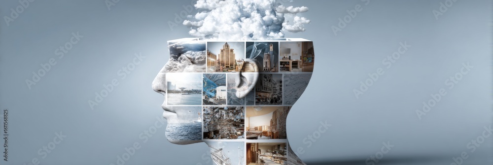 Poster visualization of a human head divided into compartments representing ideas and logic with a blank to