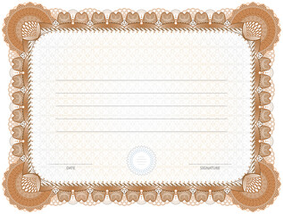 Certificate template with guilloche frame. Bronze diploma border design for personal conferment. Vector layout for award, patent, validation, licence, education, authentication, achievement, etc