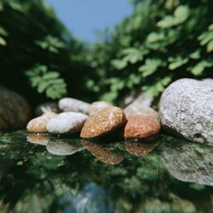 Serene mountain stream with pebbles, reflected sky and dragonflies