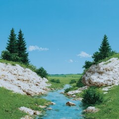 Sunny mountain day with wild river flow, birds above and squirrels below