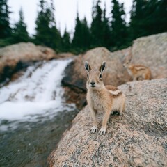 Cliffside river with gentle waterfalls, chipmunks watching from rocks