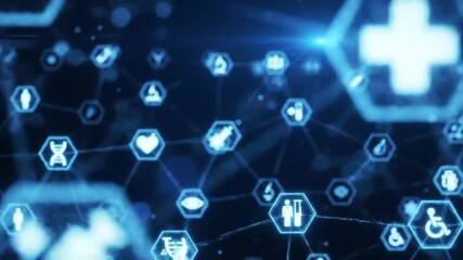 Medical Technology Network Abstract Digital Healthcare Connection with Glowing Hexagon Icons - Powered by Adobe