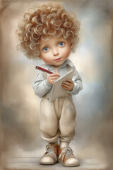 Cartoon-like young character with simple round head, smiling and holding a notepad and a red pen. An exaggerated, whimsical appearance with curly reddish-brown hair, isolated on blurred background