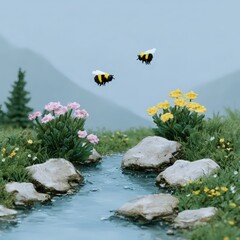 Summer mountain pass with rushing stream, bees and butterflies in air