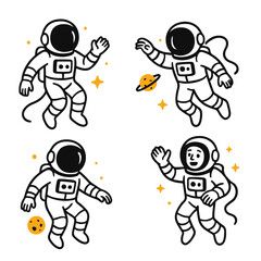 Obraz premium Cartoon astronauts floating in space in zero gravity. Set of doodle-style illustrations perfect for education, science fiction, UI, and kids' design projects