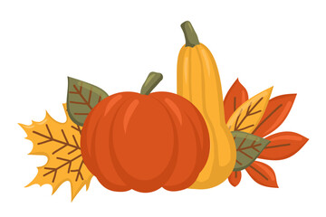 Orange and yellow pumpkin, autumn leaves. Autumn illustration. Cozy autumn accessory. Cartoon vector illustration