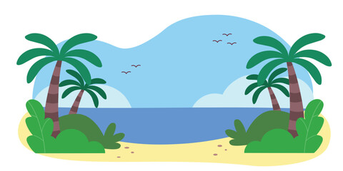 Vector illustration of a tropical beach with palm trees, green plants, and ocean waves. Flat cartoon style. Ideal for summer vacation concepts, children's design, travel themes, websites