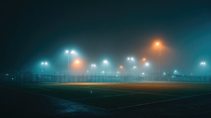 Fog-shrouded soccer field at night, illuminated by numerous bright stadium lights casting a hazy, ethereal glow