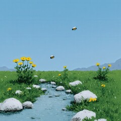 Summer mountain pass with rushing stream, bees and butterflies in air