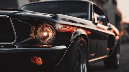Fototapeta premium Gleaming black classic car, headlight illuminated, sunset backdrop, close-up view showcasing its chrome details and smooth body