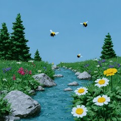 Summer mountain pass with rushing stream, bees and butterflies in air